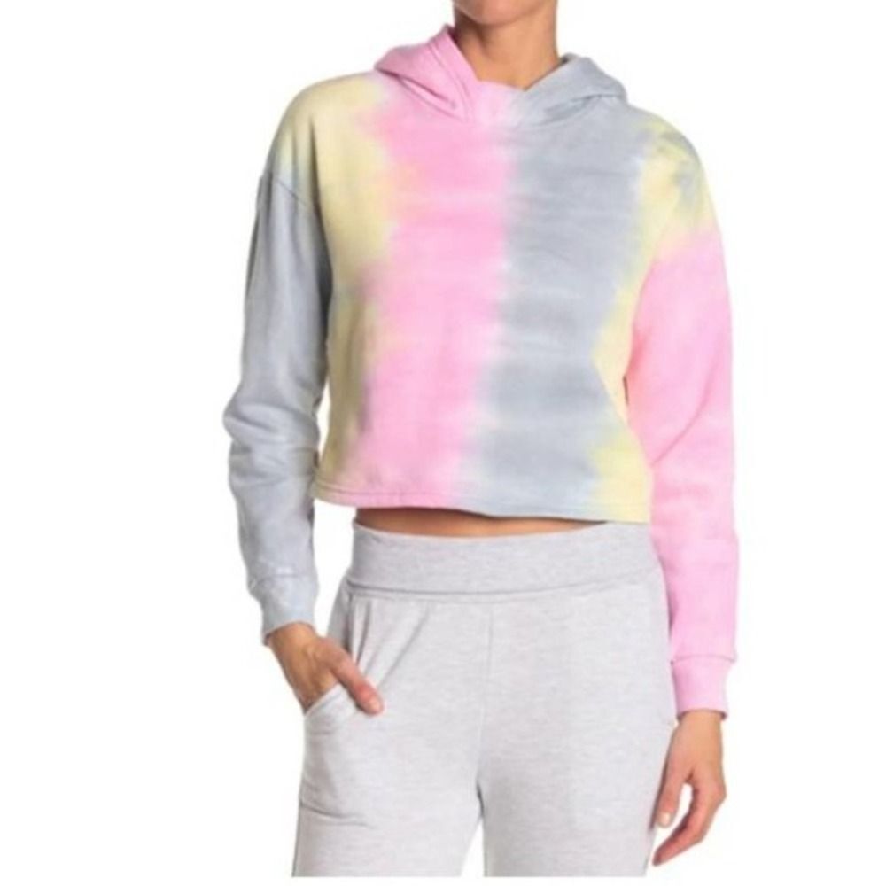 90 DEGREE Tie-Dye Brushed Crop Hoodie Cotton Blend Comfy Sweater Off Shoulder